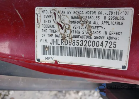 2002 Honda Cr-V Lx from USA, damaged, VIN JHLRD68532C004725